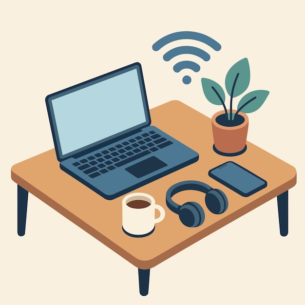 Espacio de trabajo isométrico portátil café y auriculares en un escritorio