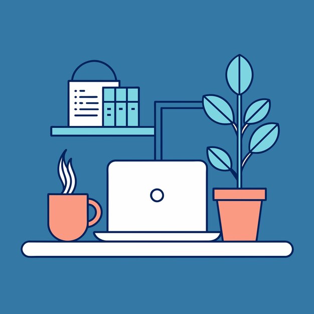 un espacio de trabajo de oficina en casa con una computadora portátil, una planta en maceta y una taza de café