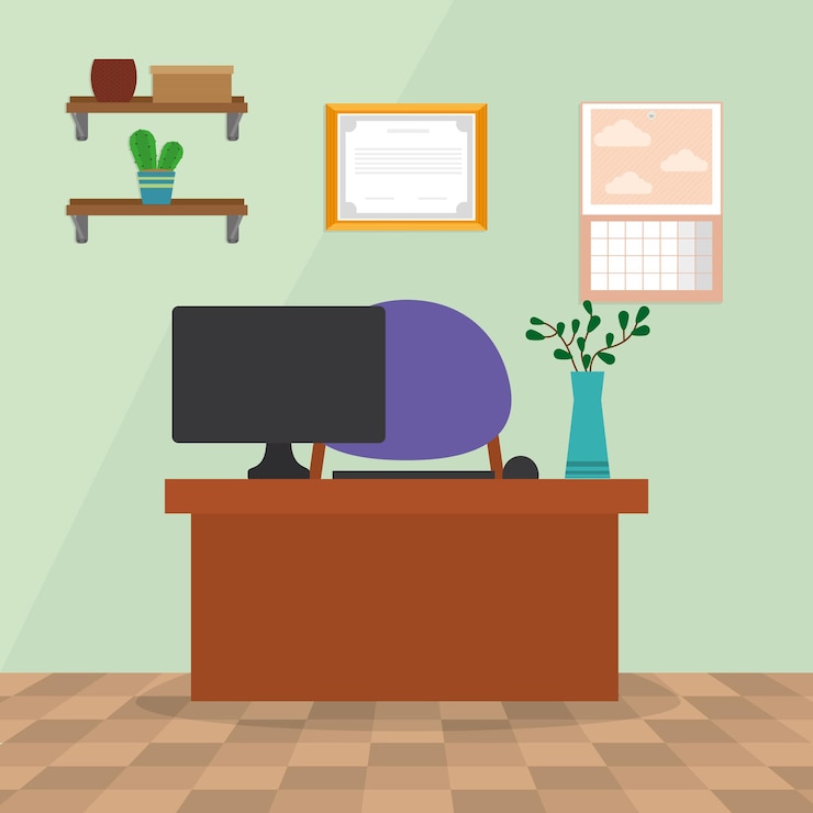 Vector espacio de trabajo de oficina con escritorio y decoración.