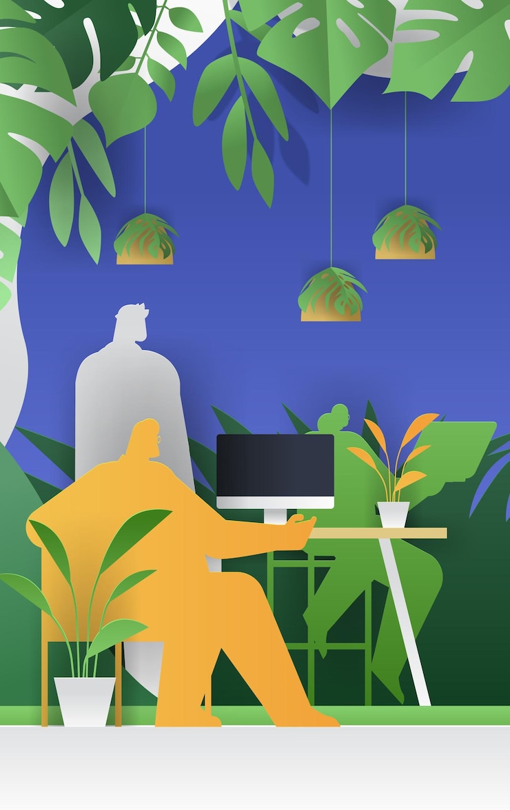 Vector espacio de trabajo de oficina con plantas ilustración de estilo de corte de papel que representa a personas que trabajan en un escritorio rodeado de vegetación y plantas colgantes de colores vibrantes