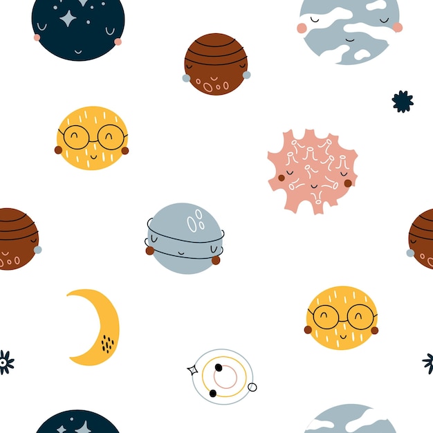 Espacio vectorial de patrones sin fisuras con planetas y estrellas Textura repetida brillante con elementos cósmicos Lindo diseño infantil para tela infantil y papel de regalo