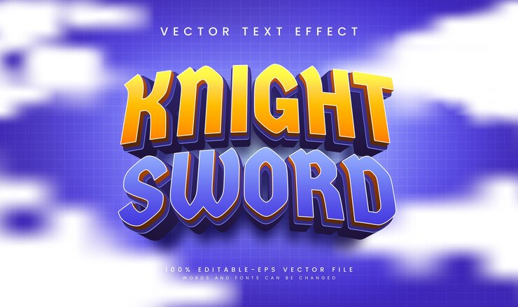 Vector espada de caballero púrpura efecto de texto vectorial editable con concepto de estilo de dibujos animados adecuado para el tema del reino de la realeza