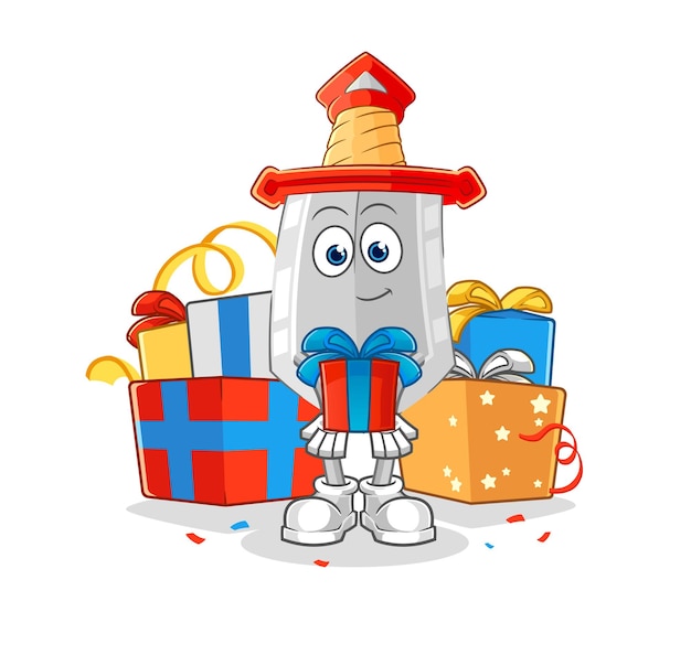 Espada dar regalos mascota vector de dibujos animados