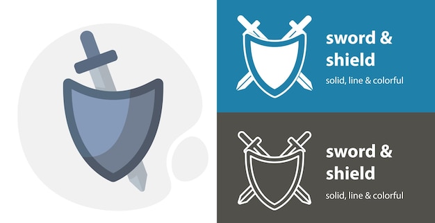 Espada con escudo icono plano con espada con escudo icono de línea simple