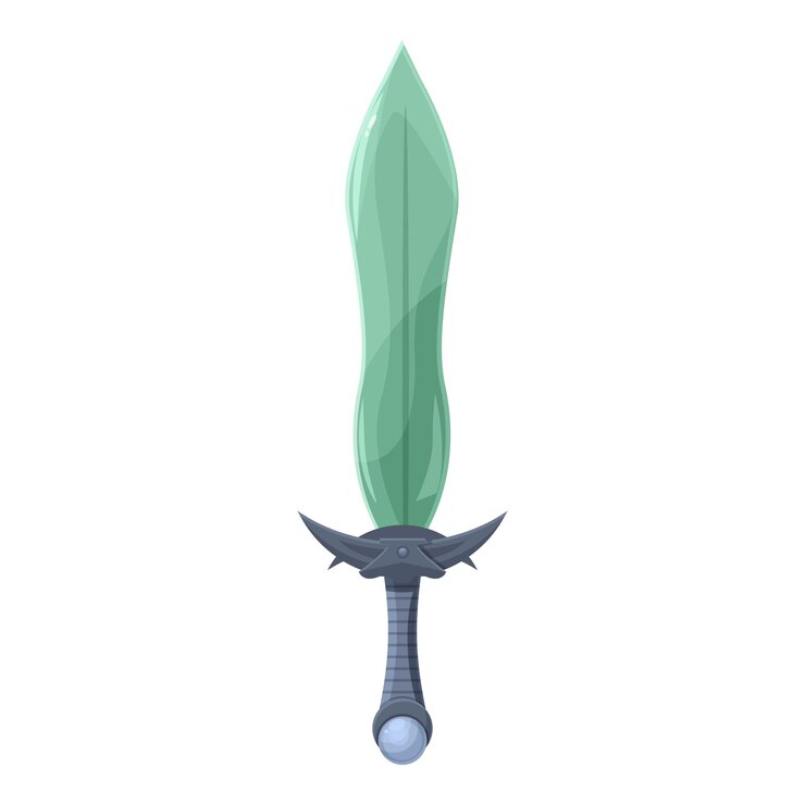 Espada de fantasía verde con una empuñadura de metal de pie erguida