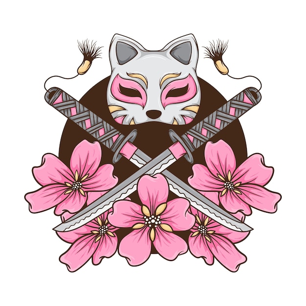 Espada Katana y máscara de gato con flores de cerezo Ilustración dibujada a mano