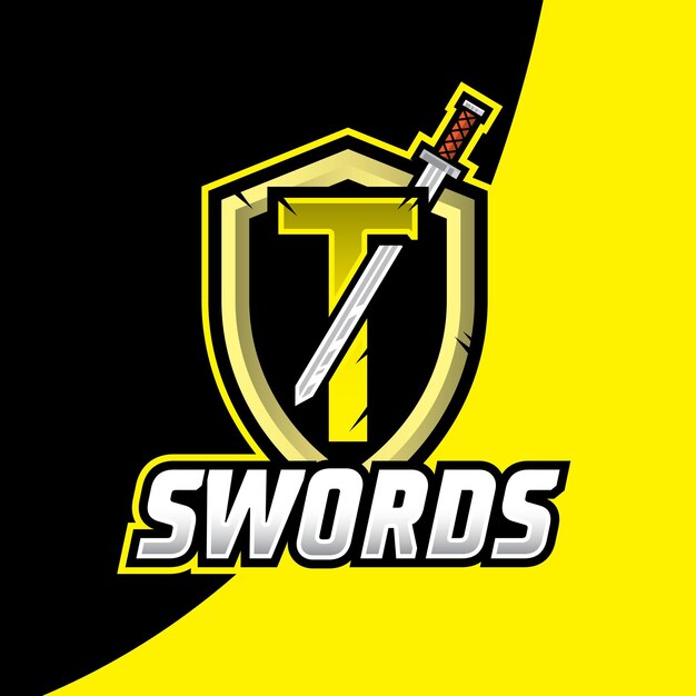 Espada con letra T Esport logo ilustración Escudo y espadas insignia sport logo design