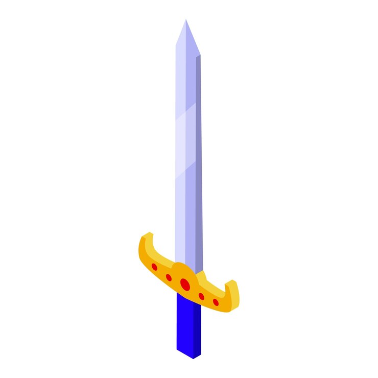 Vector espada de metal afilada de pie vertical con empuñadura dorada y mango azul icono isométrico