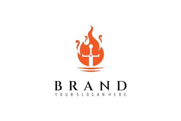 espada pegada con una combinación de elementos de fuego plantilla de diseño de logotipo ilustración vectorial plana