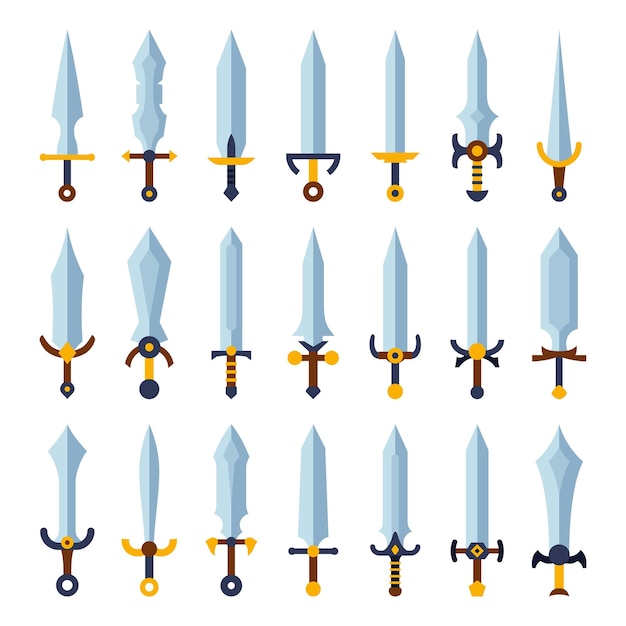 Espadas de acero de dibujos animados conjuntos de iconos cuchillos puñales cuchillas afiladas icono de arma de juego de fantasía en estilo plano