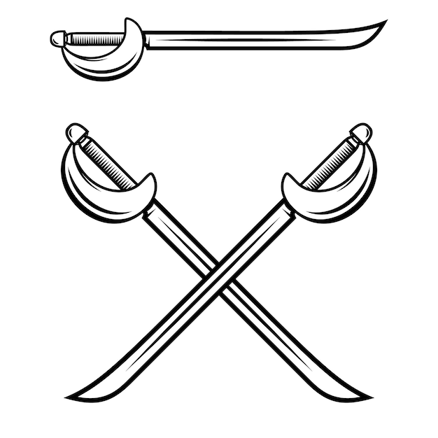 Espadas cruzadas aisladas sobre fondo blanco Elemento de diseño para logotipo etiqueta insignia signo Ilustración vectorial