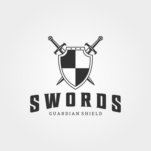 espadas y escudo logotipo vector ilustración vintage icona plantilla diseño gráfico signo escudo guardián