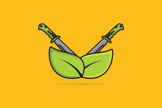 Espadas de metal en signo cruzado con hojas verdes a base de hierbas ilustración vectorial