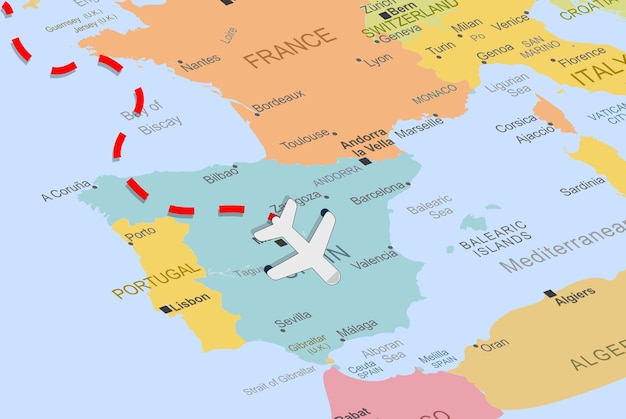 Vector españa con avión y línea discontinua en el mapa de europa, cerrar españa, concepto de vacaciones, destino de vuelo