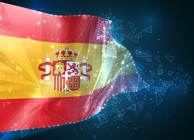 España, bandera, objeto virtual abstracto 3D de polígonos triangulares sobre un fondo azul.