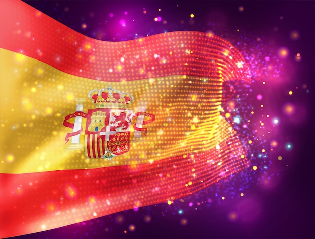 España, vector bandera 3d sobre fondo rosa púrpura con iluminación y bengalas