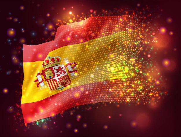 España, vector bandera 3d sobre fondo rosa púrpura con iluminación y bengalas