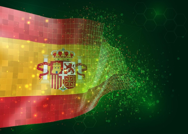 España, en vector bandera 3d sobre fondo verde con polígonos y números de datos