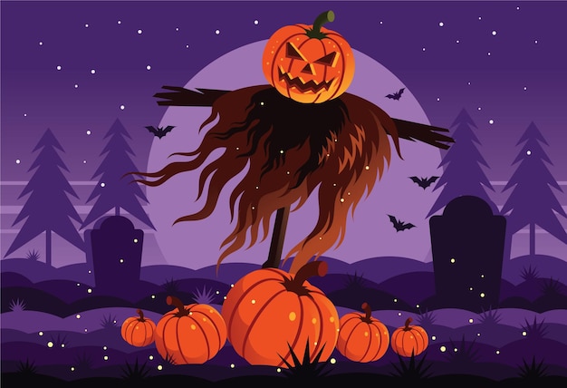 Vector espantapájaros espeluznante de jack o lantern