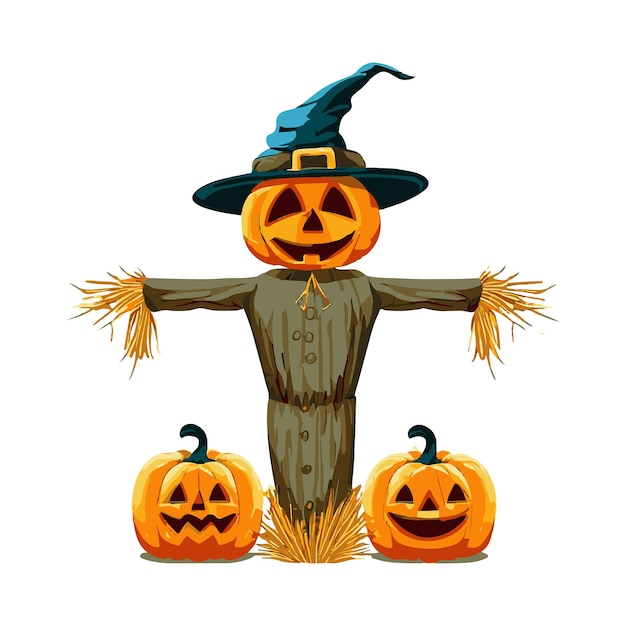 Espantapájaros de Halloween con ilustración de vector de calabazas aisladas gratis