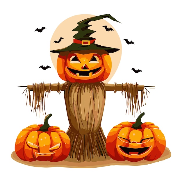 Espantapájaros de Halloween con ilustración de vector de calabazas aisladas gratis