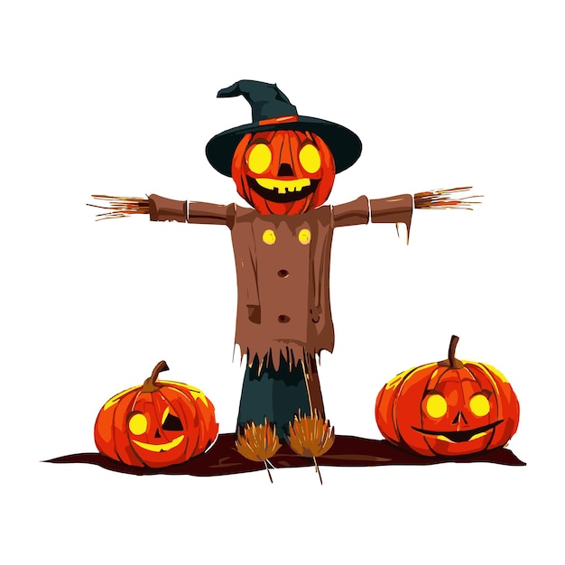 Espantapájaros de Halloween con ilustración de vector de calabazas aisladas gratis