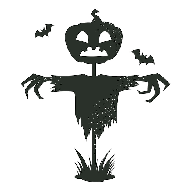 El espantapájaros de Halloween. El monstruo del espantapágaros de cabeza de calabaza de jardín, una espeluznante ilustración vectorial de dibujos animados planos. La silueta del espantapaparazzi