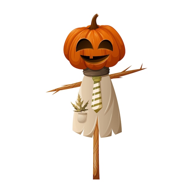 Espantapájaros de halloween vestido con harapos y corbata con una calabaza en lugar de cabeza. ilustración vectorial