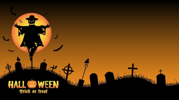 espantapájaros con la tarjeta del cementerio de halloween