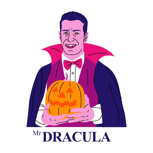 El espantoso Drácula está sosteniendo una calabaza Vector de diseño plano