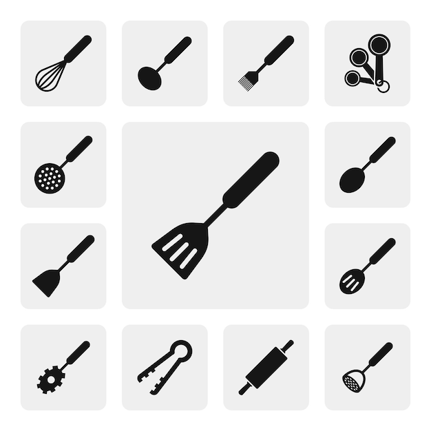 Vector espátula ranurada web plana icono signo silueta vector icono negro sólido. cocina, conjunto de iconos de cocina