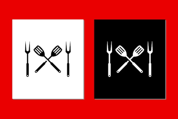 Espátula y tenedor de barbacoa cruzados, ilustración de diseño de vectores de logotipo de herramientas de barbacoa de silueta simple