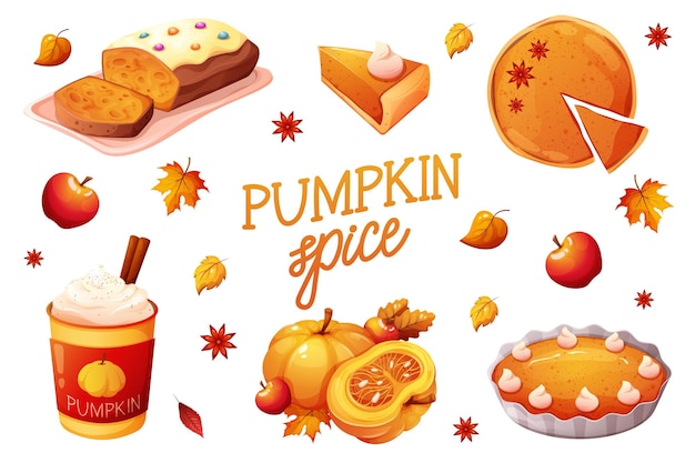especia de calabaza postre de otoño temporada de otoño comida sabrosa dulce pastel de café con leche con canela mitad de pastel de calabazo desayuno Acción de Gracias o Halloween ilustración vectorial llamativa