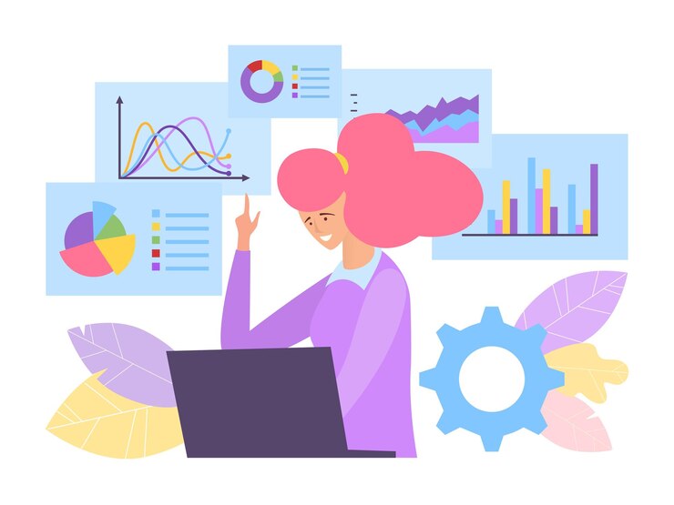 Vector el especialista en ilustración vectorial del concepto de análisis empresarial detrás de la computadora portátil simula el gráfico financiero