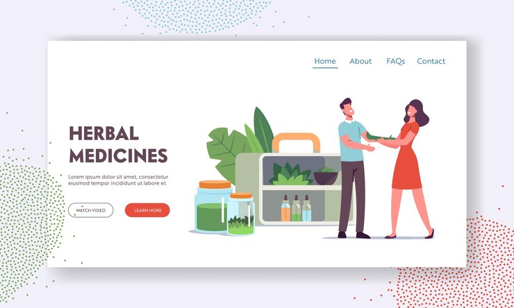 Vector especialista en medicina tradicional dando remedio a base de hierbas a la plantilla de página de destino del paciente. carácter de doctora preparar medicamentos de plantas e ingredientes naturales. ilustración de vector de gente de dibujos animados