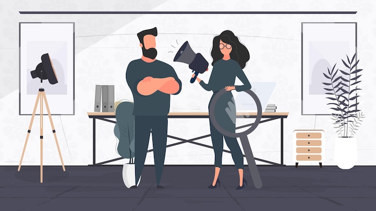 Vector especialistas en búsqueda y contratación de personas para el trabajo. la niña sostiene un grito. hombre fuerte. concepto de recursos humanos. vector.