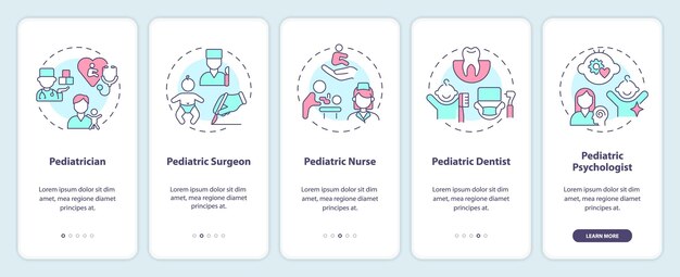 Especialistas del departamento de pediatría que incorporan la pantalla de la aplicación móvil Tutorial Instrucciones gráficas editables de 5 pasos con conceptos lineales UI UX Plantilla de GUI Myriad ProBold Fuentes regulares utilizadas