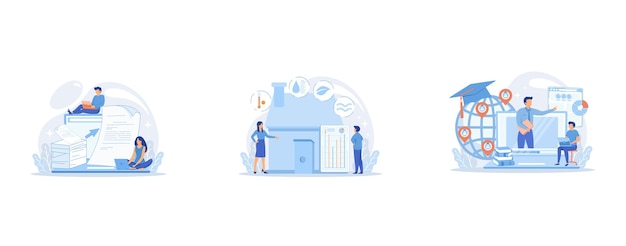 Los especialistas trabajan con datos digitales de portátiles, personas diminutas, sistema de automatización del hogar, domótica,