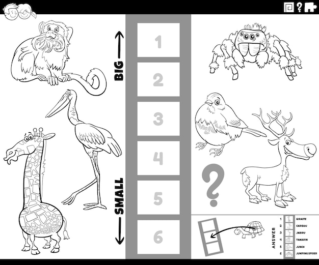 las especies animales más grandes y más pequeñas con personajes cómicos para colorear