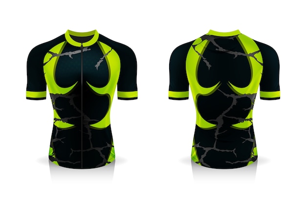 Vector especificación plantilla de maillot de ciclismo. camiseta deportiva uniforme de cuello redondo para ropa de bicicleta.