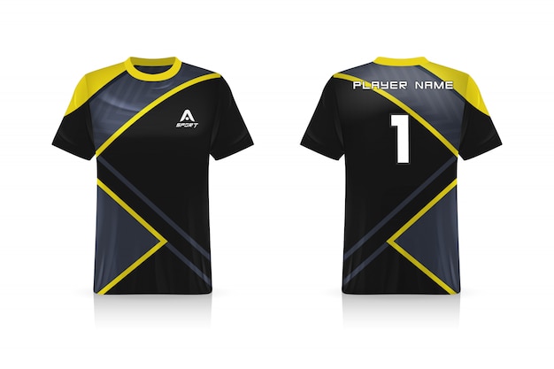 Especificación soccer sport, esports gaming t shirt jersey plantilla. uniforme