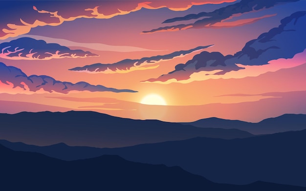 Espectacular cielo al atardecer con silueta de montaña