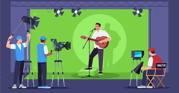 Vector espectáculo de canto semi. nueva serie de tv. equipo profesional de televisión. entretenimiento de los medios. hombre tocando la guitarra y cantando