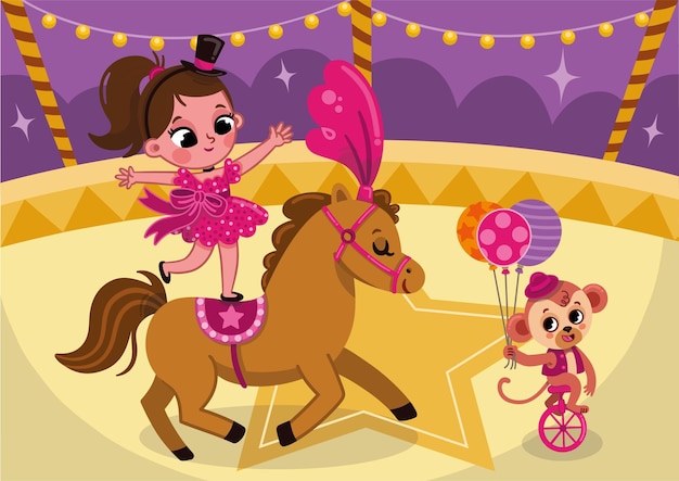 Vector espectáculo de circo con una linda chica y un caballo. personaje de dibujos animados de vectores.