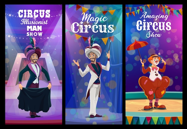 Espectáculo de circo con payaso e ilusionista en arena