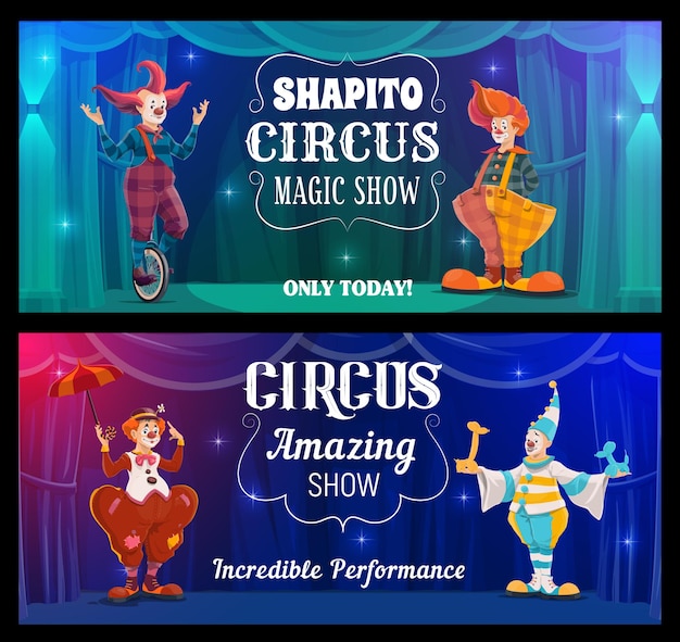 Espectáculo de circo Shapito, pancartas vectoriales de payasos de dibujos animados. Artistas divertidos en la arena de la gran carpa. Carnavales y bufones con disfraces brillantes, pelucas, maquillaje y nariz falsa realizan un espectáculo de magia en el escenario.
