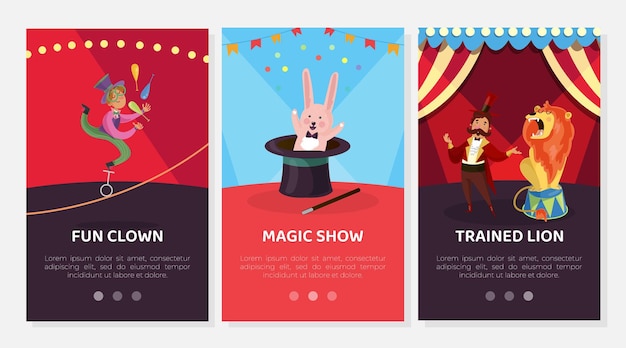espectáculo de entretenimiento de circo con magia de payaso y león entrenado plantilla de bandera vectorial