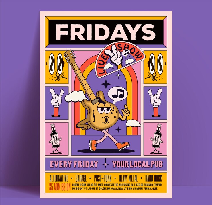 Espectáculo de fiesta de música en vivo del viernes o cartel de concierto o plantilla de diseño de volante con guitarra de dibujos animados caminando