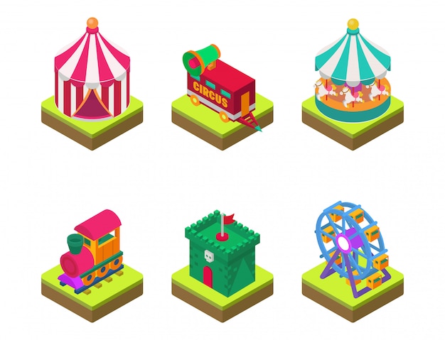 Espectáculo isométrico de circo entretenimiento carpa carpa festival al aire libre con rayas y banderas signos de carnaval