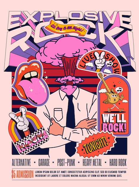 Vector espectáculo de música rock en vivo o cartel de concierto o festival o plantilla de diseño de volante en estilo retro